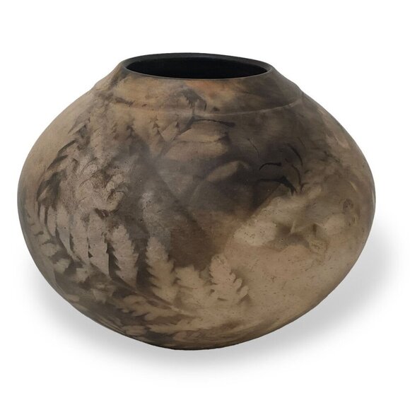 Studio Earthenware Pottery Signed M.Borg Round Vase 4.25" high Brown Leaf Design - Picture 1 of 12